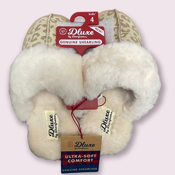 Kids' Dluxe by Dearfoams Suede Whistler Leopard Genuine Shearling Scuff Slippers - Picture 2 of 4